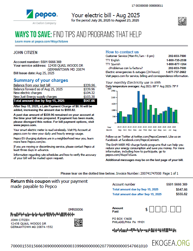 USA Pepco utility bill template in Word and PDF formats, version 2